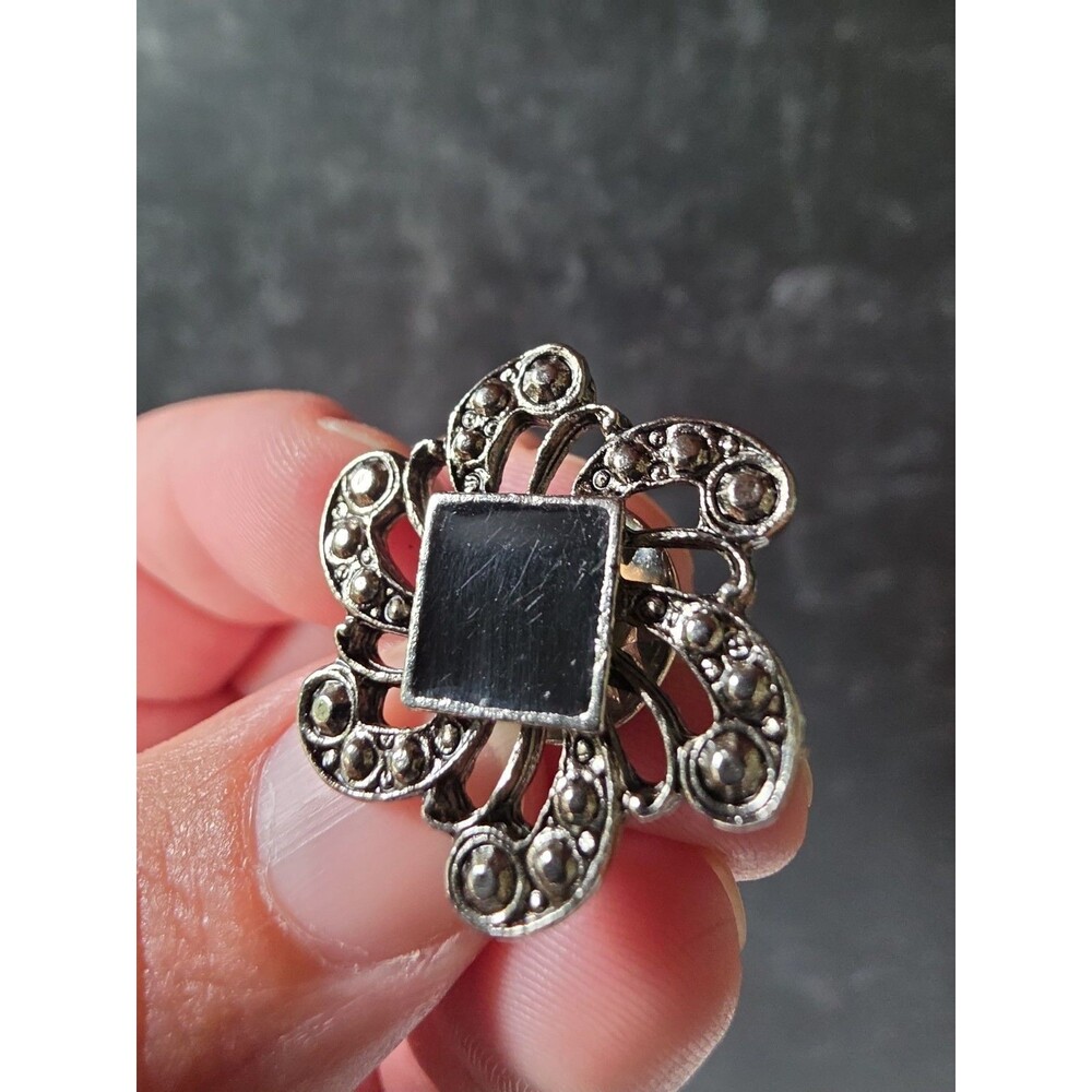 Floral Black Enamel Silver Tone Metal Pin Vintage